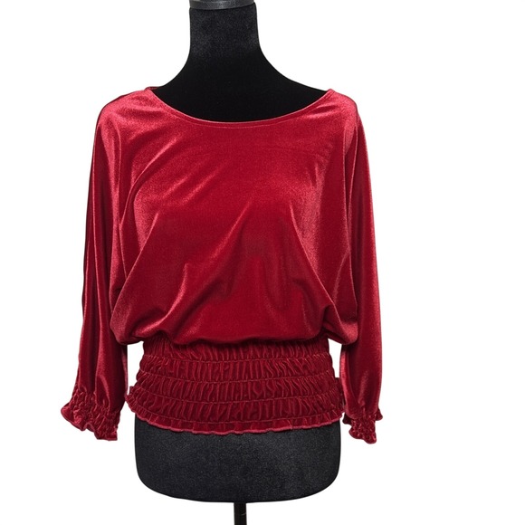 Vince Camuto Tops - Vince Camuto Smocked Hem Velour Blouse Lipstick Red XS